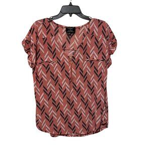 Flower & Feather XL Womens Pink & Black Chevron Print Blouse W/ Zipper Accent #F